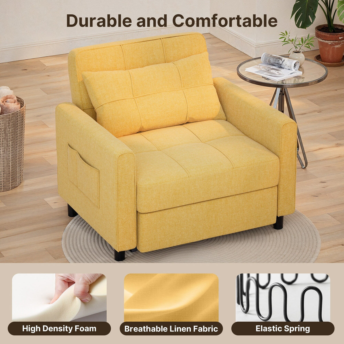 Sofá-cama ajustável 3 em 1, sofá-cadeira extraível, cama dobrável convertível para a sala de estar