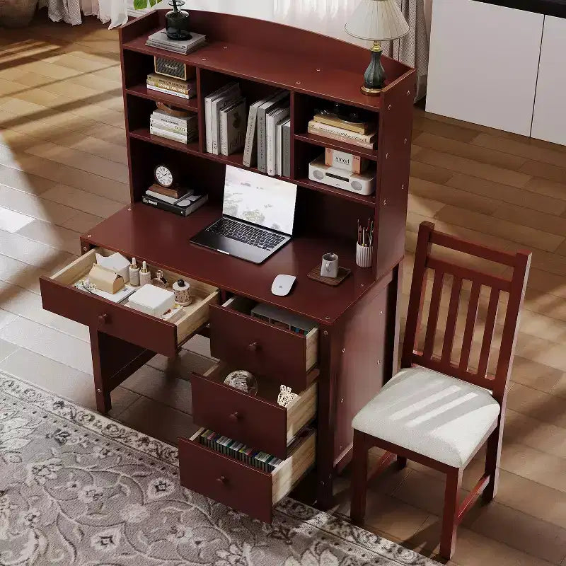 Okak moderne houten bureau voor kantoor aan huis met bureaublad, stoel en boekenkast, opbergbureau voor tieners en studenten om te studeren en schrijven, voor studie en kantoor