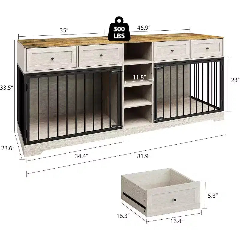 82 Casota de mobiliário para dois cães, canil grande para interior, casota de madeira resistente para 2 cães com suporte para TV, 4 gavetas e prateleiras