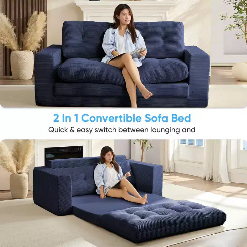 Canapé-lit futon convertible 2-en-1 Mjkone de 71 po, canapé deux places convertible pliable en tissu côtelé avec boutons capitonnés, gain de place