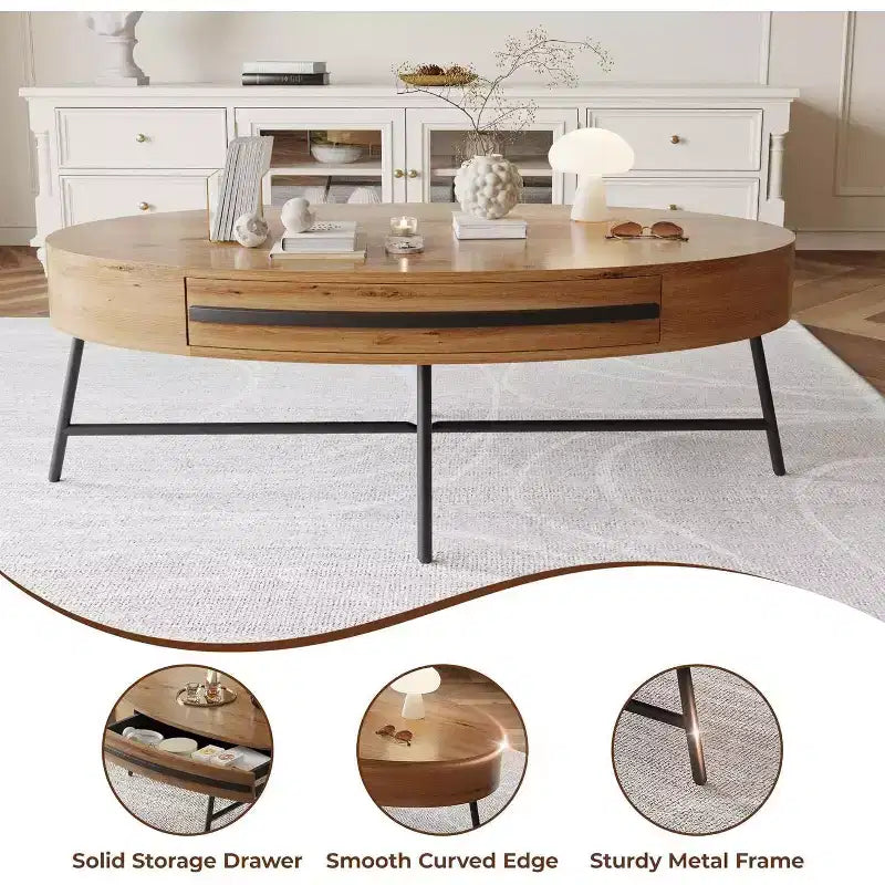 Mesa de centro oval Acekool com gaveta, mesa de arrumação de madeira de 47.2 com pernas metálicas cruzadas, mesa de centro moderna de meados do século em salgueiro natural e dourado
