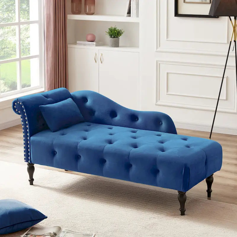 Modern 60.6  Velvet Upholstered Buttons Tufted Chaise Lounge Chair with Solid Wood Legs and Nailheads