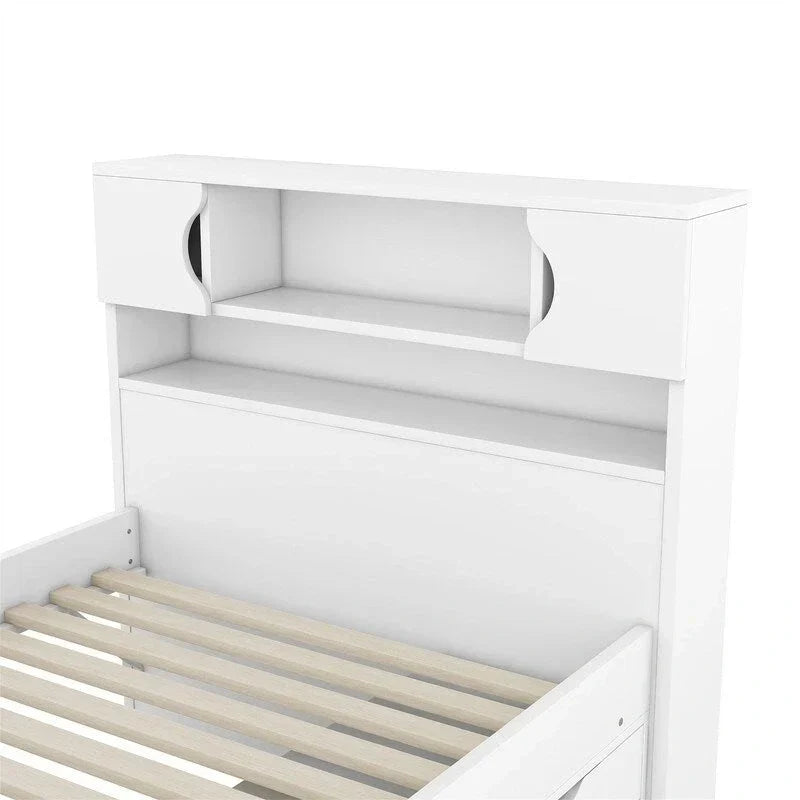 Cama de plataforma tipo capitão Twin/Full com 4 gavetas e prateleiras de arrumação, estrutura de cama em madeira maciça com cabeceira-estante para arrumação