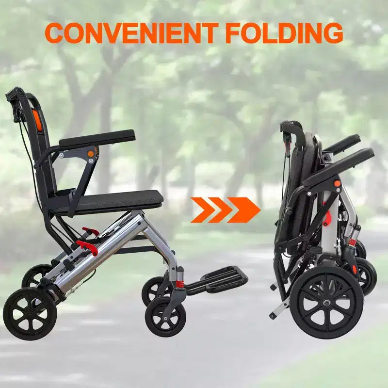 Cadeira de transporte para idosos ultraleve, cadeira de transporte dobrável portátil e leve, com travão de mão com bloqueio e apoios de braços rebatíveis amovíveis