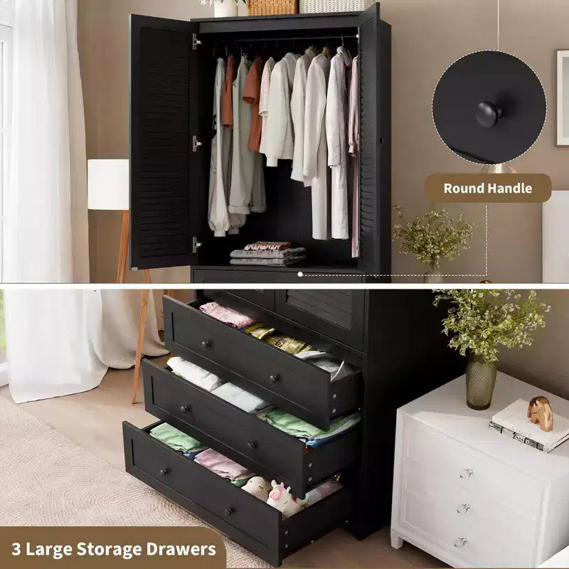 Armário roupeiro COZONY com 3 gavetas e 2 portas, armário de madeira moderno para quarto, roupeiro branco independente para cargas pesadas
