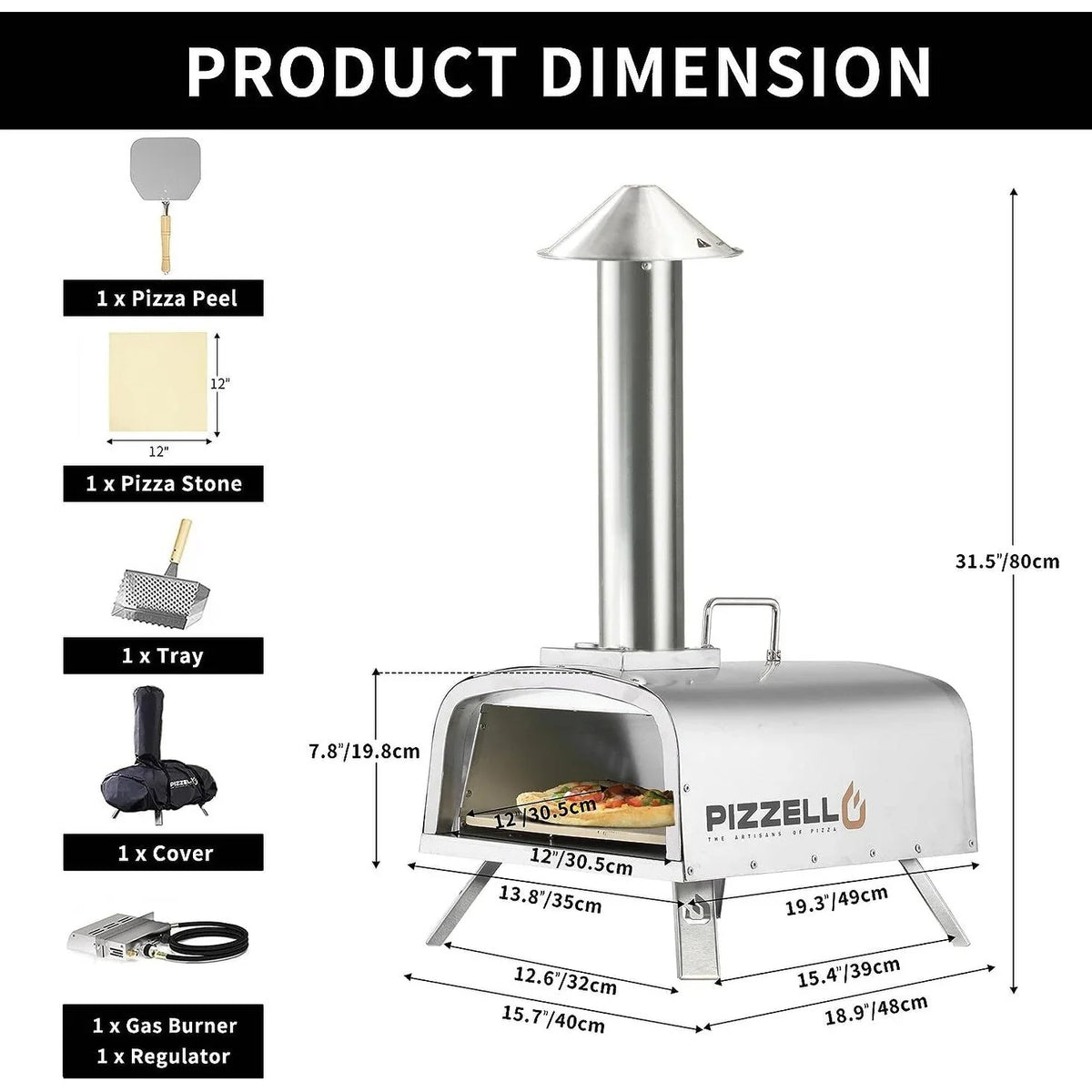 Forno de pizza exterior multicombustível, máquina de pizza de pedra com queimador a gás e caixa para lenha - 12 polegadas