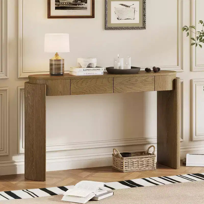 Mesa de consola moderna Merax com tampo oval e pernas curvas caneladas e duas gavetas ocultas