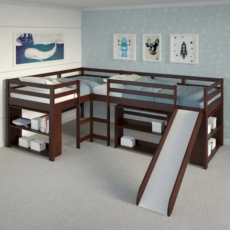 Set letto a soppalco scorrevole a L doppio Twin in color cappuccino scuro