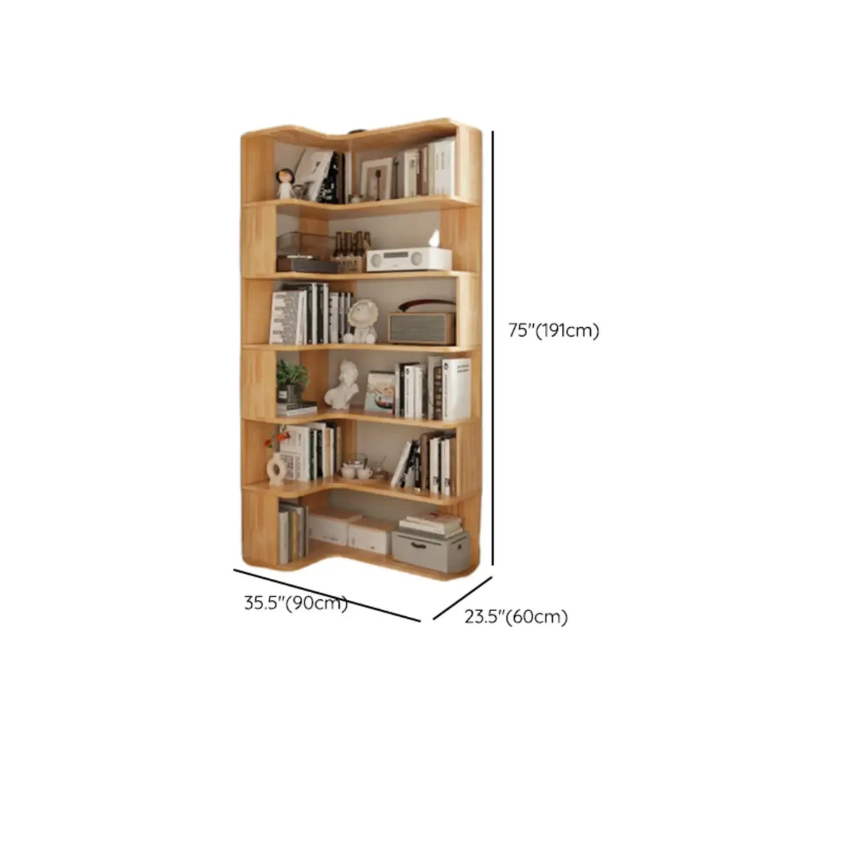 Vertikales L-förmiges Bücherregal aus Holz mit natürlicher Oberfläche und offener Rückseite