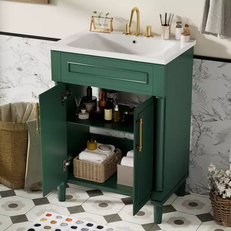 Móvel de casa de banho de 24 com lavatório cerâmico, armário Shaker, 2 portas com fecho suave e estrutura de madeira maciça para casa de banho pequena ou lavabo