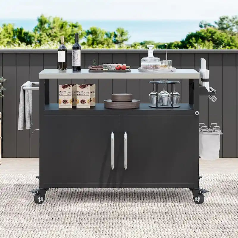 Ilha de cozinha exterior com tampo em aço inoxidável, mesa carrinho para grelhador em metal com armário de arrumação - N/A