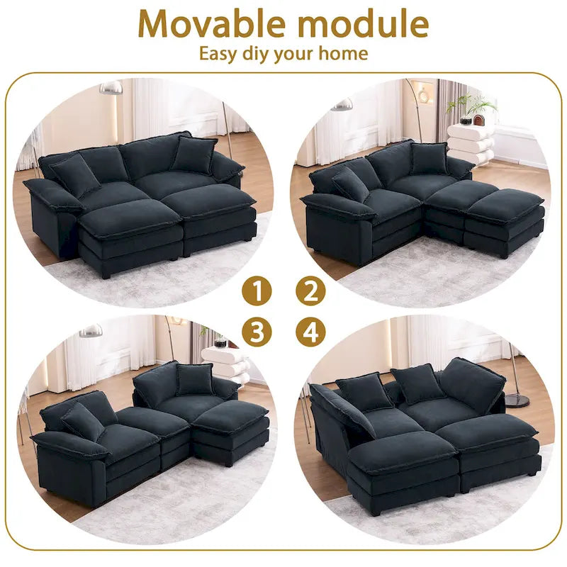 Canapé 2 places avec 2 coussins, 2 oreillers et 2 poufs, canapé confortable – canapé profond modulable pour le salon