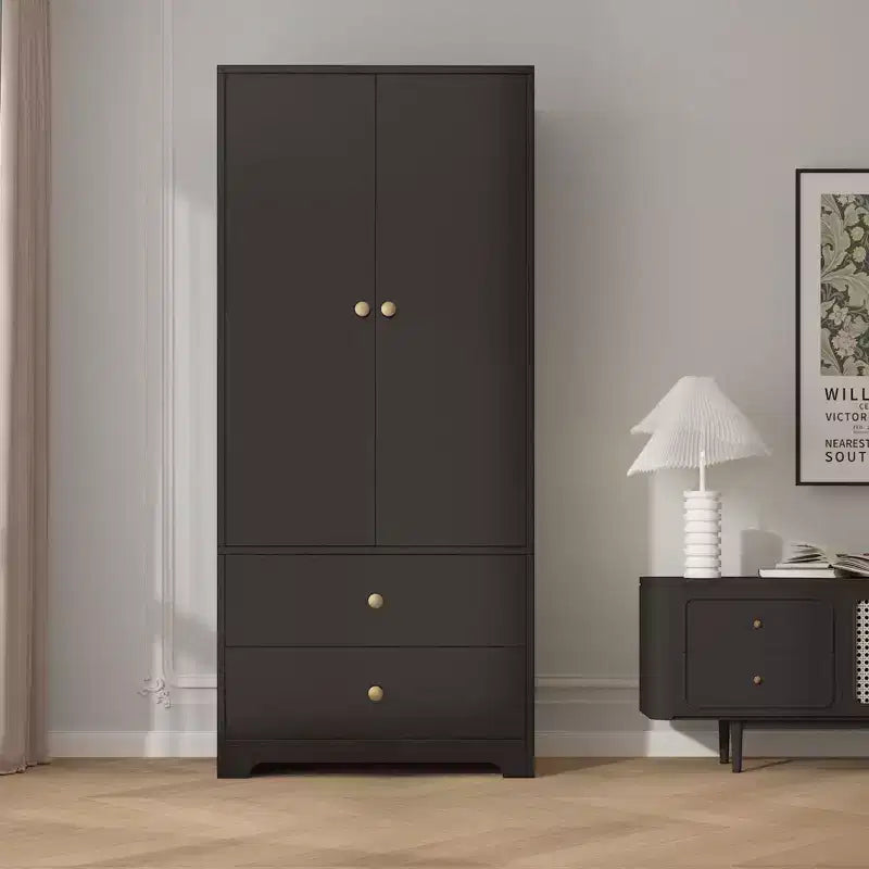 Armadio guardaroba moderno in legno da 71 pollici per camera da letto, con 2 ante, 2 cassetti, ripiani regolabili, vano porta abiti e barra appendiabiti