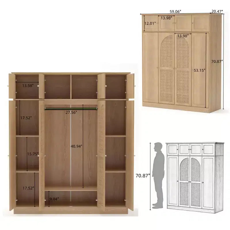 Armário roupeiro alto de 70.87, com 8 portas e grande capacidade, varão para roupa, prateleiras ajustáveis e portas decorativas em vime