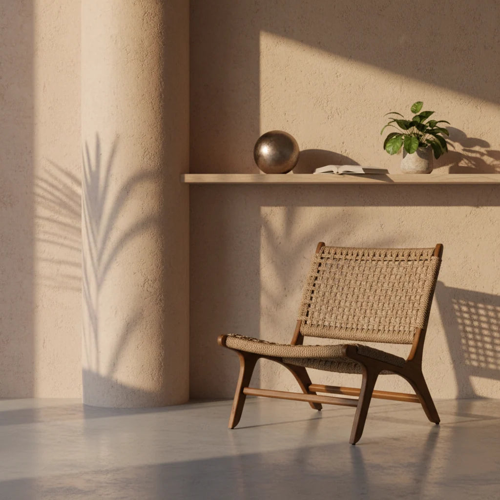 Rustikaler Loungesessel aus Teakholz mit Flechtwerk – Outdoor