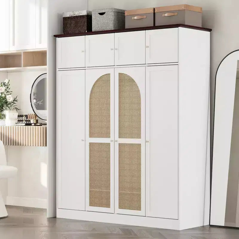 Armário roupeiro alto de 70.87, com 8 portas e grande capacidade, varão para roupa, prateleiras ajustáveis e portas decorativas em vime
