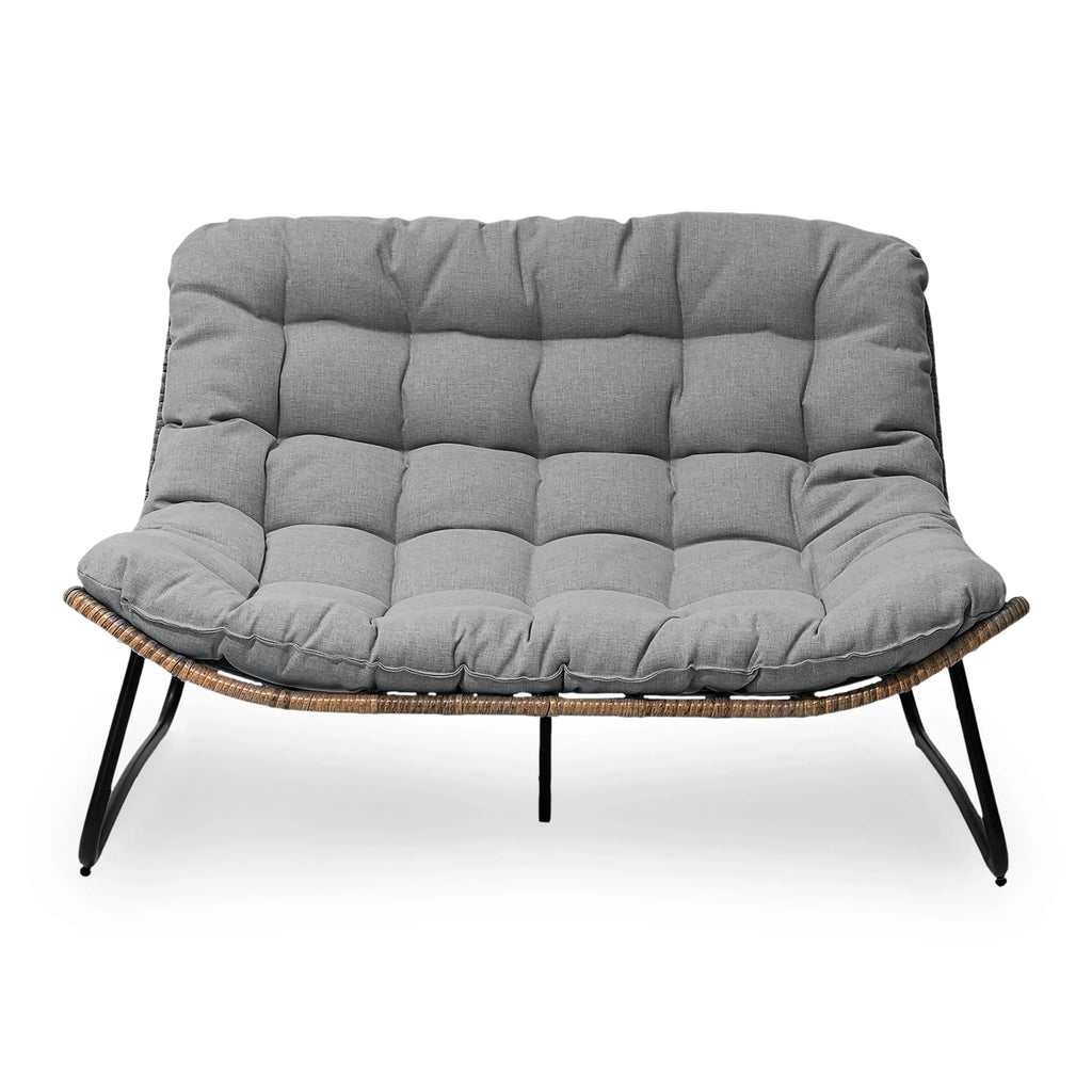 Doppelter Papasan-Sessel als Loveseat mit Kissen, wetterfestes PE-Rattan und Metallgestell für drinnen und draußen