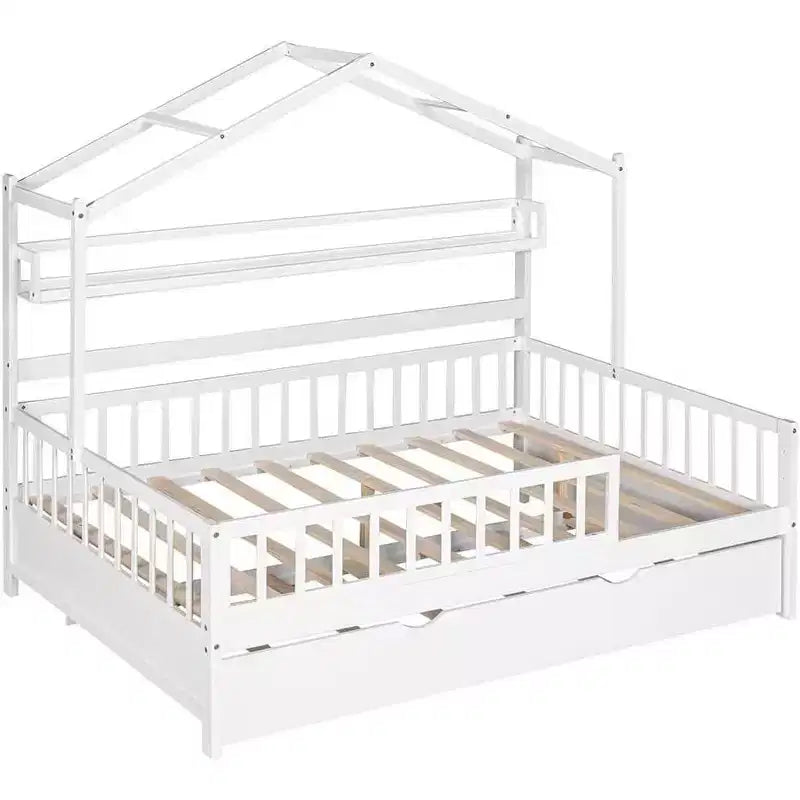 Estrutura de cama-casa Acekool Full com cama auxiliar Twin, gavetas de arrumação e prateleiras, telhado e vedação, cama de plataforma infantil, branca