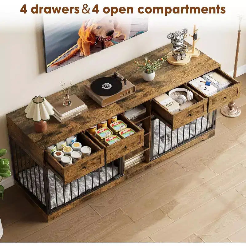 82 Casota de mobiliário para dois cães, canil grande para interior, casota de madeira resistente para 2 cães com suporte para TV, 4 gavetas e prateleiras