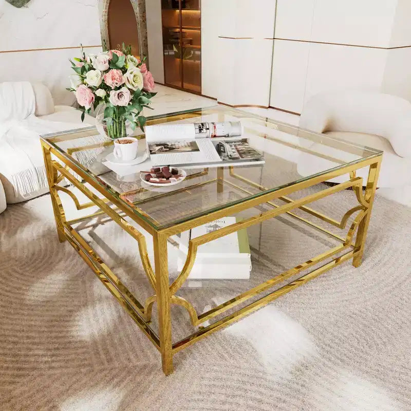 Mesa de centro quadrada Merax com tampo de vidro preto ou transparente e prateleira de exposição de dois níveis