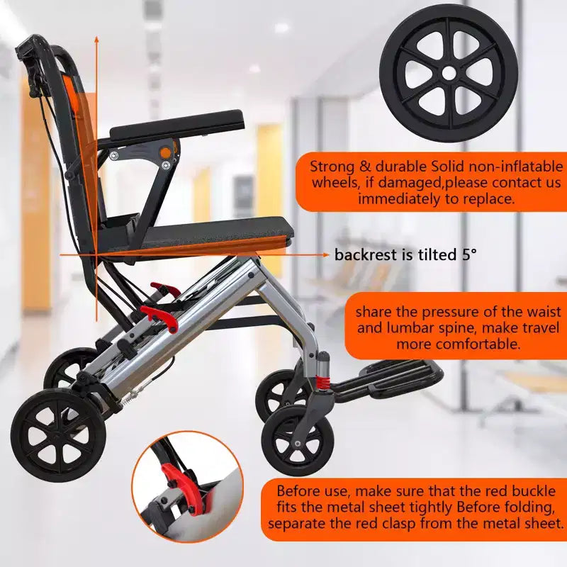 Cadeira de transporte para idosos ultraleve, cadeira de transporte dobrável portátil e leve, com travão de mão com bloqueio e apoios de braços rebatíveis amovíveis