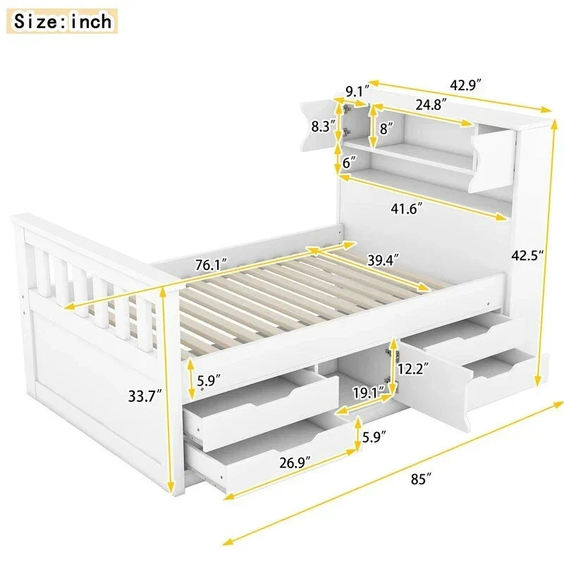 Cama de plataforma tipo capitão Twin/Full com 4 gavetas e prateleiras de arrumação, estrutura de cama em madeira maciça com cabeceira-estante para arrumação