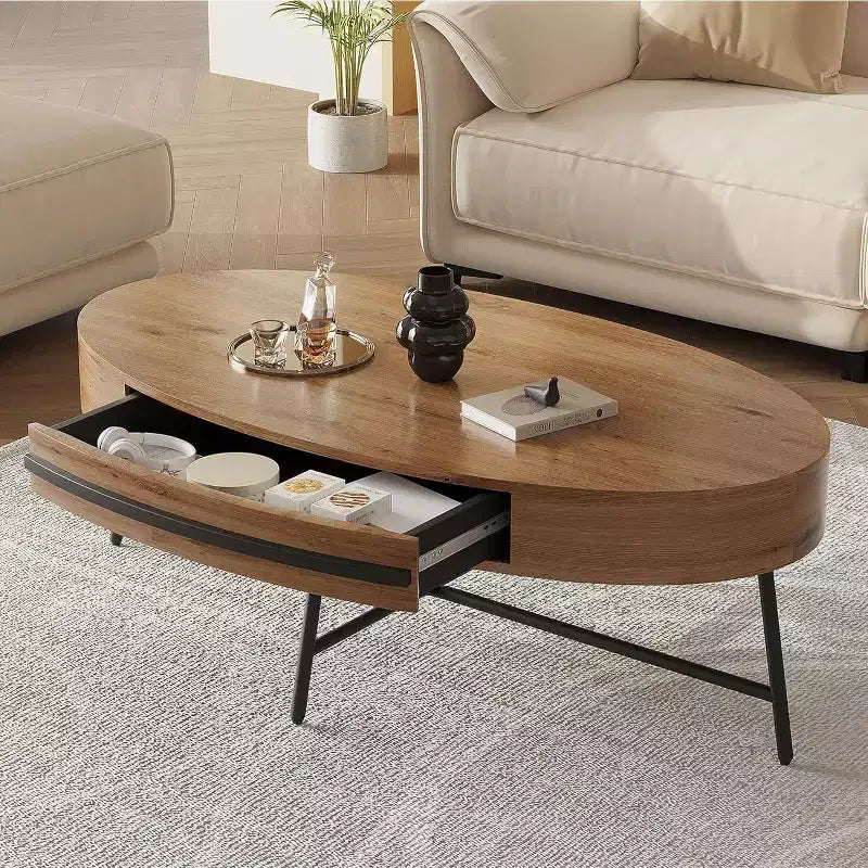 Mesa de centro oval Acekool com gaveta, mesa de arrumação de madeira de 47.2 com pernas metálicas cruzadas, mesa de centro moderna de meados do século em salgueiro natural e dourado
