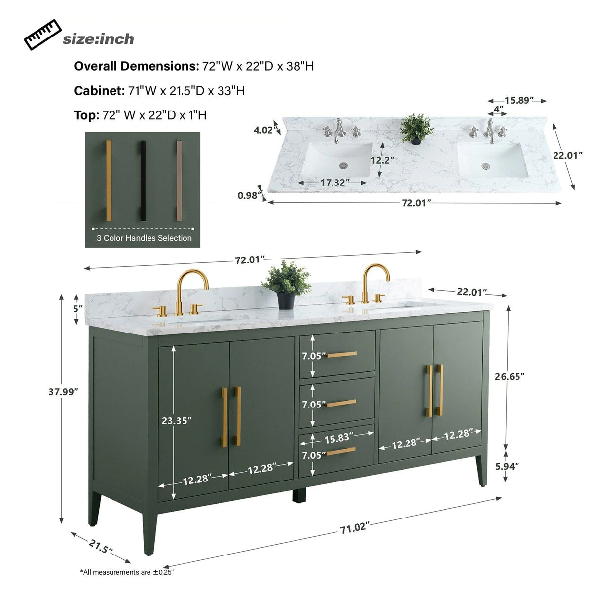 Mobile bagno Vanity Art 72 con doppio lavabo e piano in marmo composito