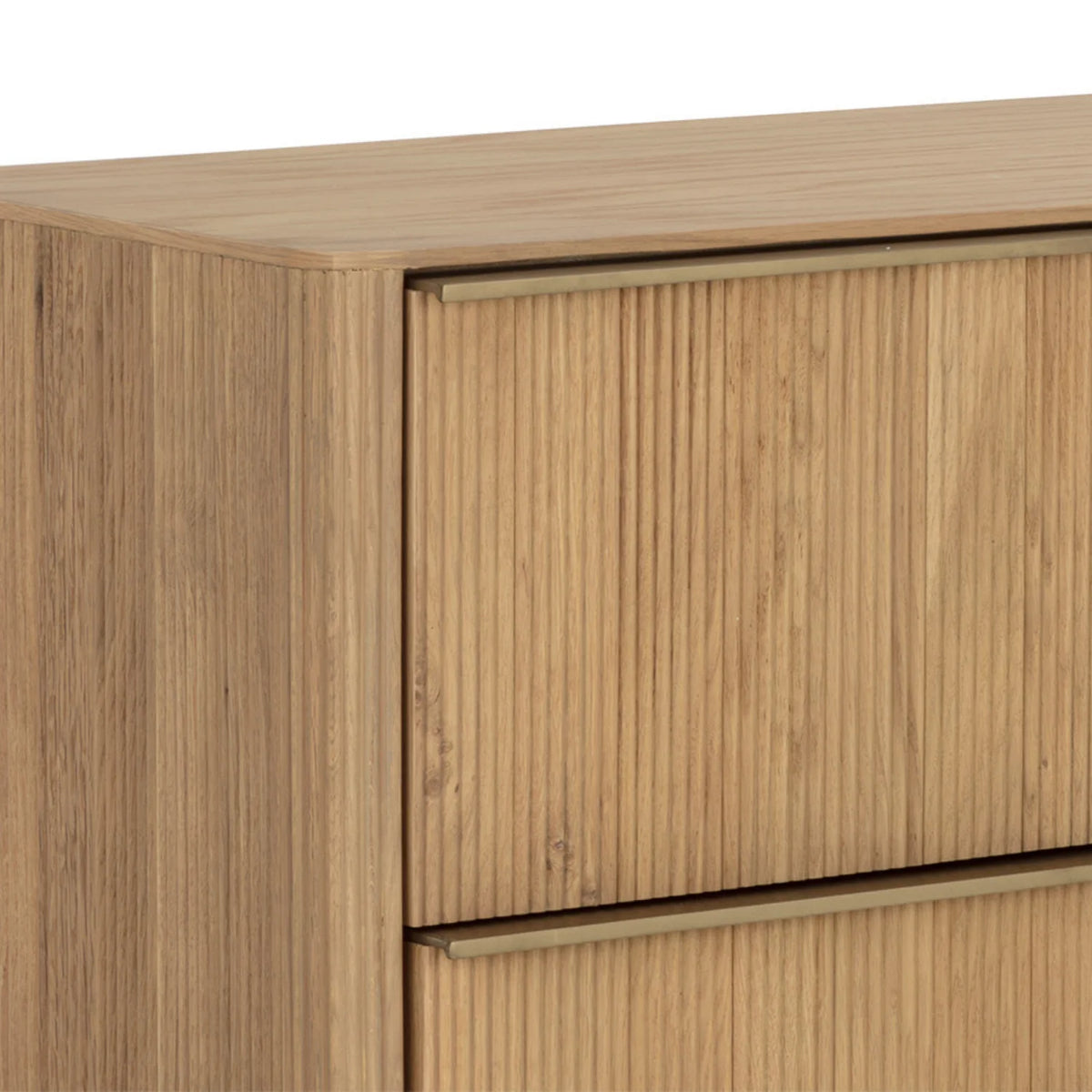 Cómoda moderna em carvalho com acabamento escultural e estriado - quarto | acabamento dourado escovado