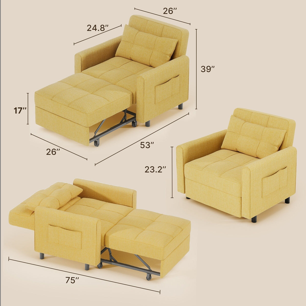 Sofá-cama ajustável 3 em 1, sofá-cadeira extraível, cama dobrável convertível para a sala de estar
