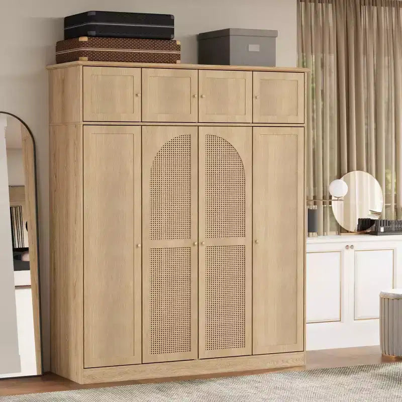 Armário roupeiro alto de 70.87, com 8 portas e grande capacidade, varão para roupa, prateleiras ajustáveis e portas decorativas em vime