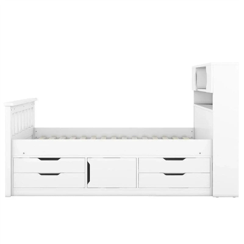 Cama de plataforma tipo capitão Twin/Full com 4 gavetas e prateleiras de arrumação, estrutura de cama em madeira maciça com cabeceira-estante para arrumação