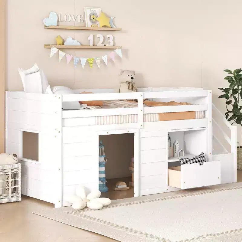 Cama baixa tipo loft individual em madeira maciça, 94.6L x 42.3W, com escada, gaveta e prateleira, design moderno e simples