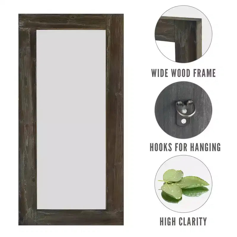 Specchio a figura intera rettangolare ad angolo retto da 71 x 31 pollici in legno massello marrone effetto usato (senza staffa)