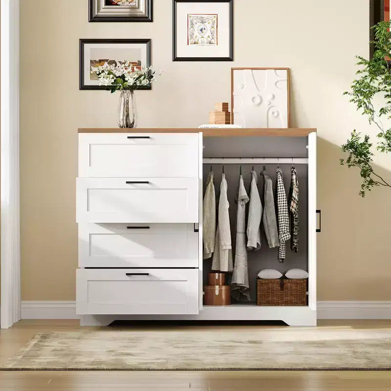 43,3 Zoll hoher Kleiderschrank aus Holz mit 4 Schubladen und Kleiderstange, multifunktionaler Aufbewahrungsschrank und Kommode für Kleidung im Schlafzimmer