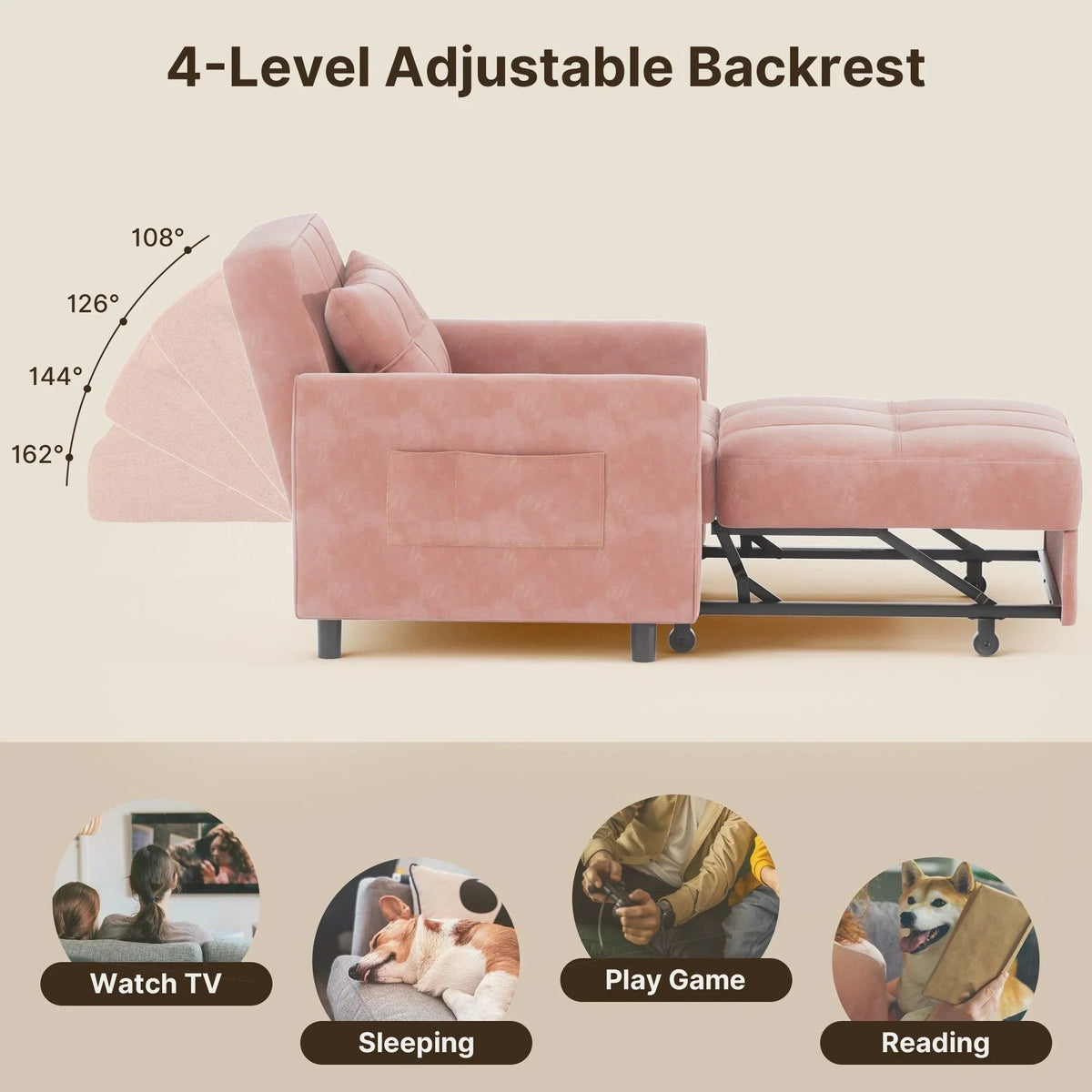 Sofá-cama ajustável 3 em 1, sofá-cadeira extraível, cama dobrável convertível para a sala de estar
