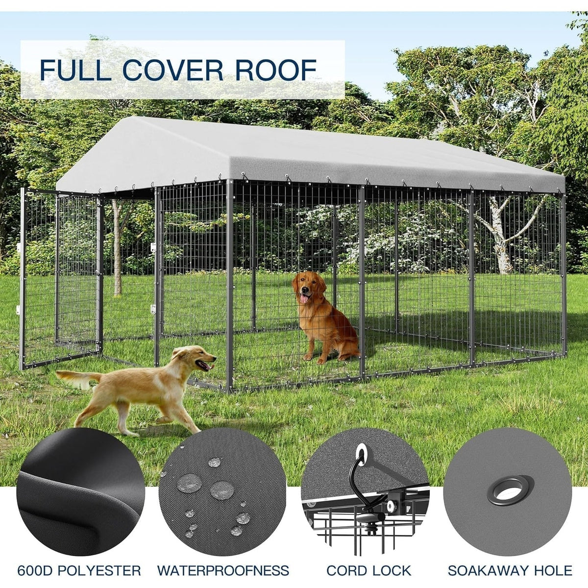 W 118 x D 118 x H 70 Canil grande para exterior, recinto resistente para cães com teto impermeável