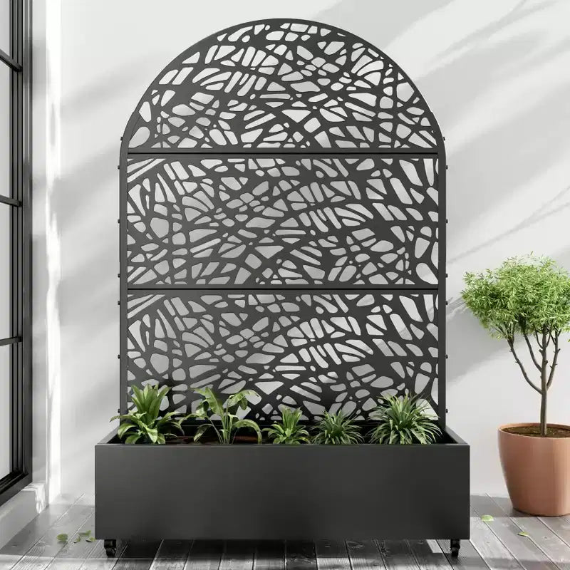 MAYEERTY floreira de ferro arqueada preta de 72x47 com treliça, conjunto de 3 peças, painel decorativo de jardim para pátio e varanda