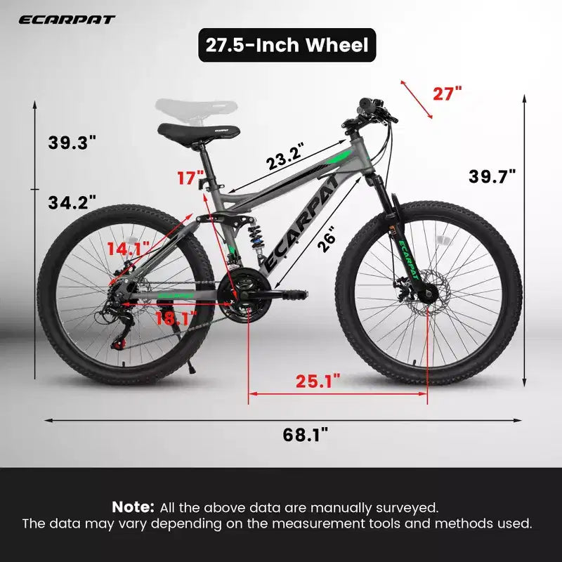 Mountain bike Okak da 27.5 pollici con doppi ammortizzatori anteriori e posteriori, bici da sterrato a 21 velocità con freni a disco meccanici, bici per adulti da uomo e donna