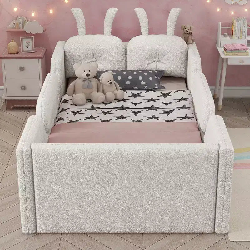 Whisen Einzelbett mit Plattform, gepolstertes Bodenbettgestell für Kinder mit Hasenkissen und abnehmbaren Seitengittern