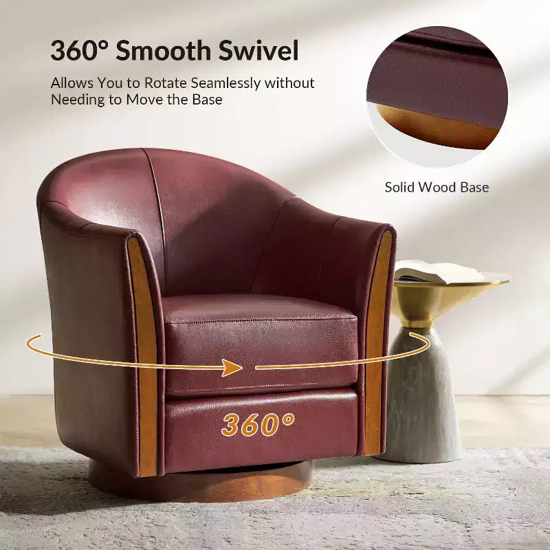 Fauteuil tonneau pivotant Pocono de style transitionnel en cuir véritable avec piètement en bois massif, ensemble de 2, Artful Living Design