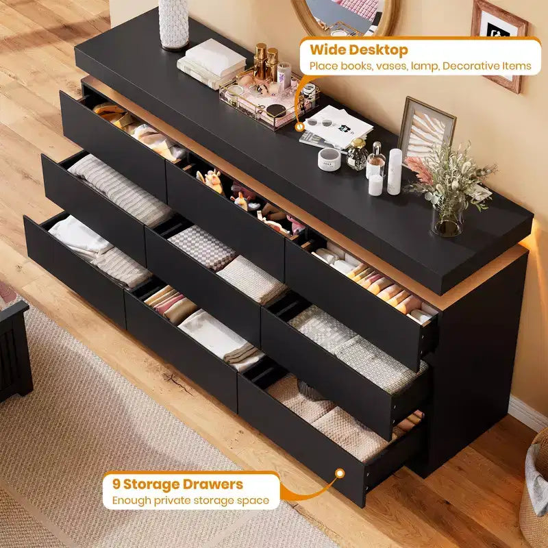 Cassettiera a 9 cassetti per camera da letto, cassettiera con stazione di ricarica e luci LED, armadio contenitore doppio in legno, cassettiera moderna e mobile TV