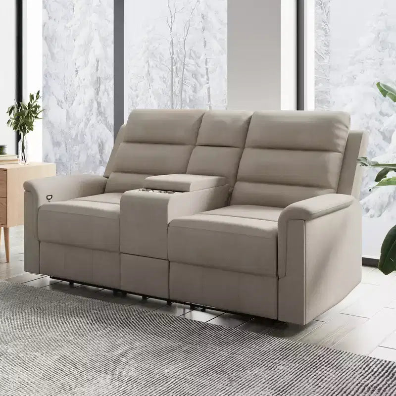 Beżowo-szara rozkładana sofa dwuosobowa z tkaniny technicznej, z regulowanym oparciem i podnóżkiem