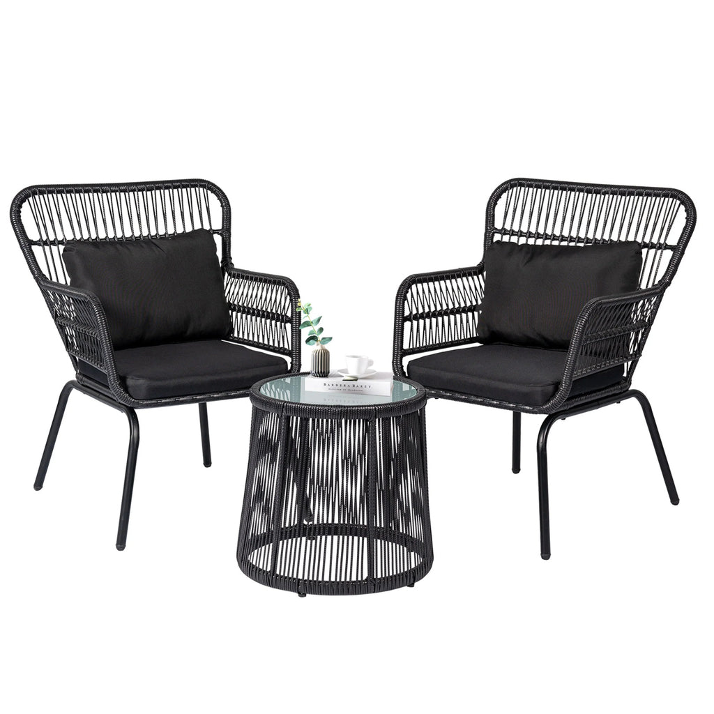 Ensemble bistro de conversation extérieur en osier de 3 pièces, mobilier de patio en rotin toutes saisons avec coussins