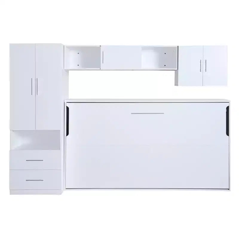 Cama escamoteável de solteiro com estrutura de cama de parede, armário de madeira com roupeiro integrado, gavetas de arrumação e prateleiras abertas, branco -ModernLuxe