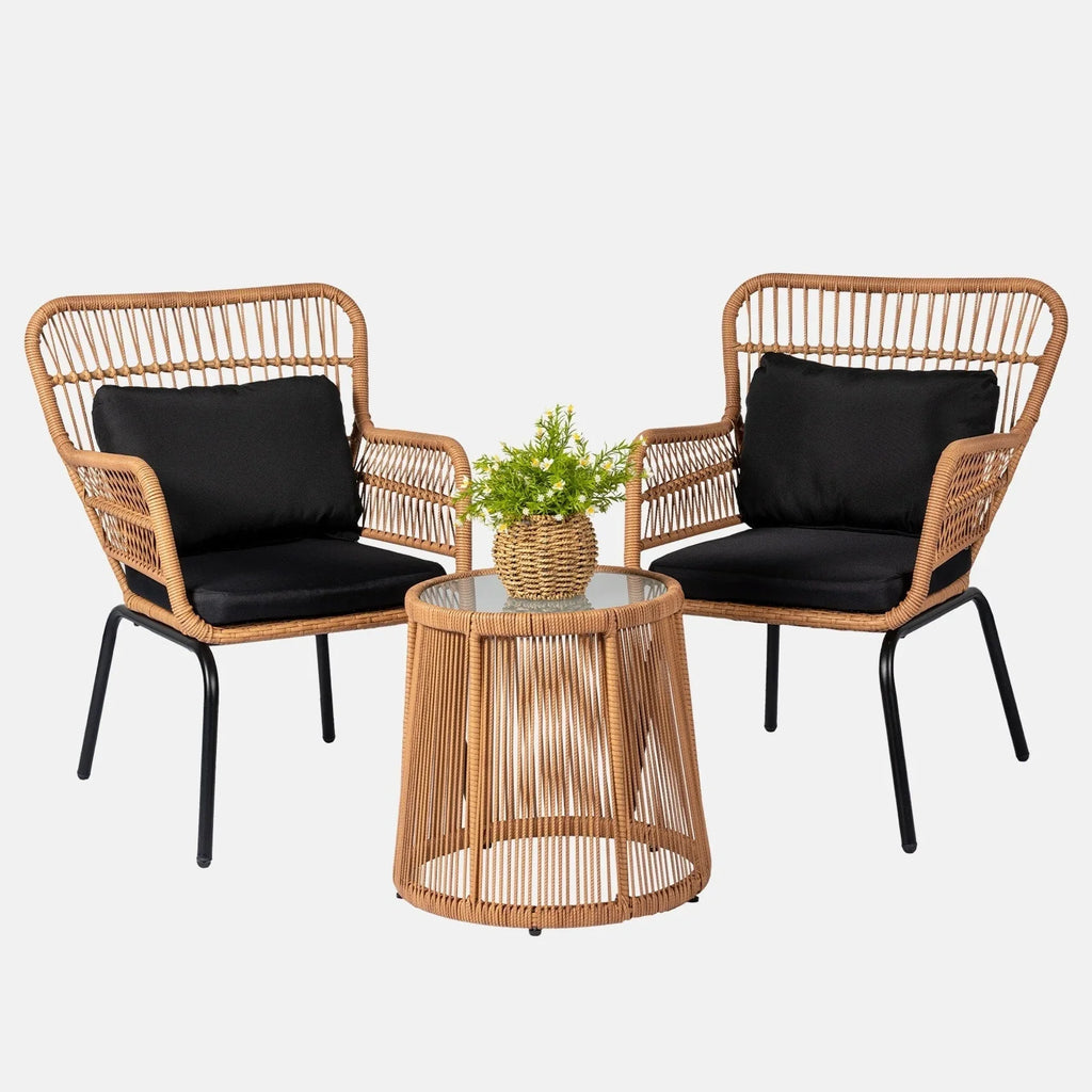 Ensemble bistro de conversation extérieur en osier de 3 pièces, mobilier de patio en rotin toutes saisons avec coussins