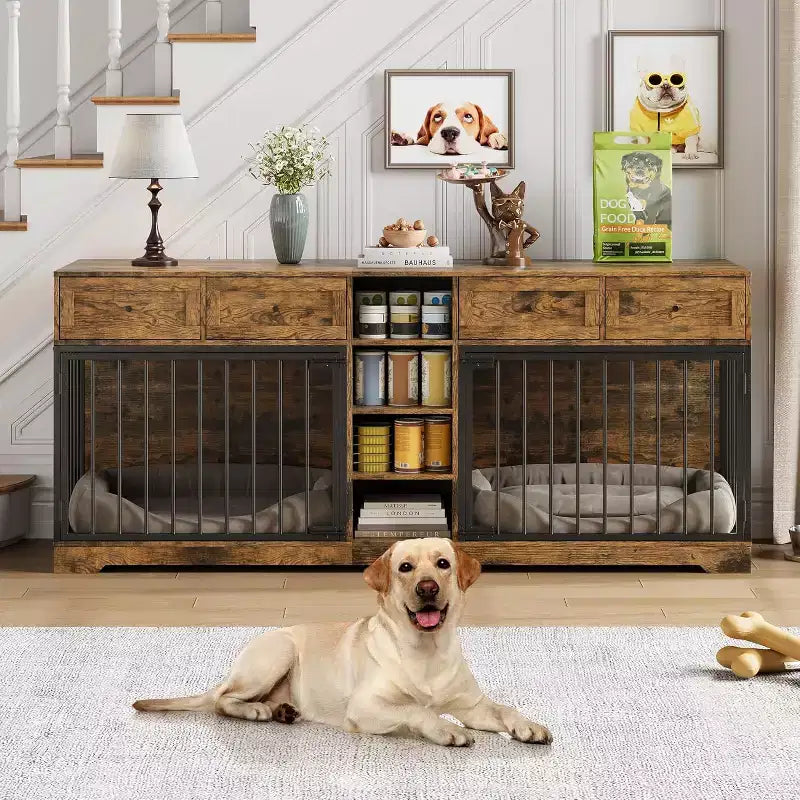 82 Casota de mobiliário para dois cães, canil grande para interior, casota de madeira resistente para 2 cães com suporte para TV, 4 gavetas e prateleiras