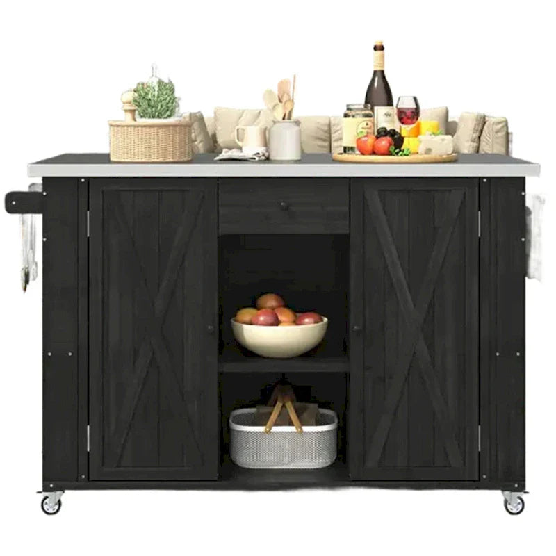 Outdoor Kitchen Island, Rustic Fir Wood with Stainless Steel Top and Smart Storage