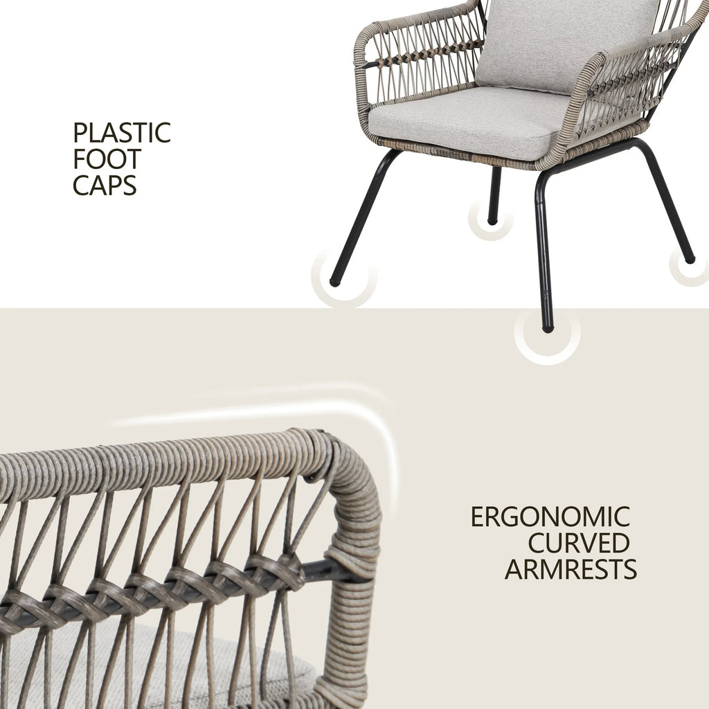 Ensemble bistro de conversation extérieur en osier de 3 pièces, mobilier de patio en rotin toutes saisons avec coussins