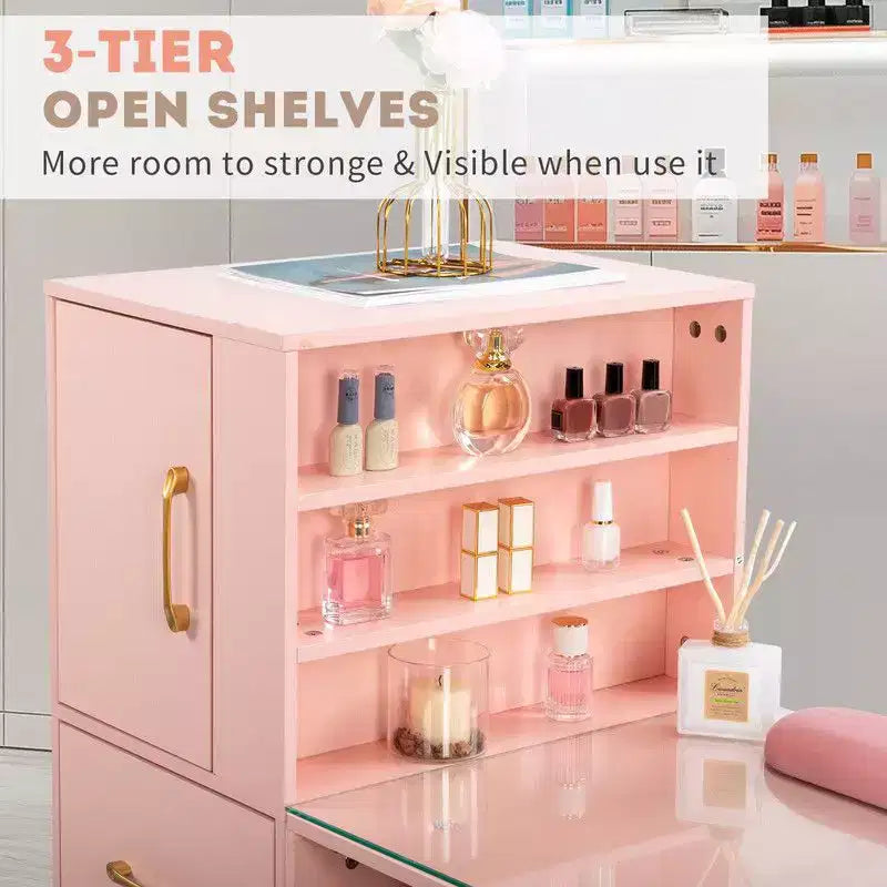 Mesa de manicure moderna preta/rosa com tampo de vidro e apoio para os pulsos, estação individual